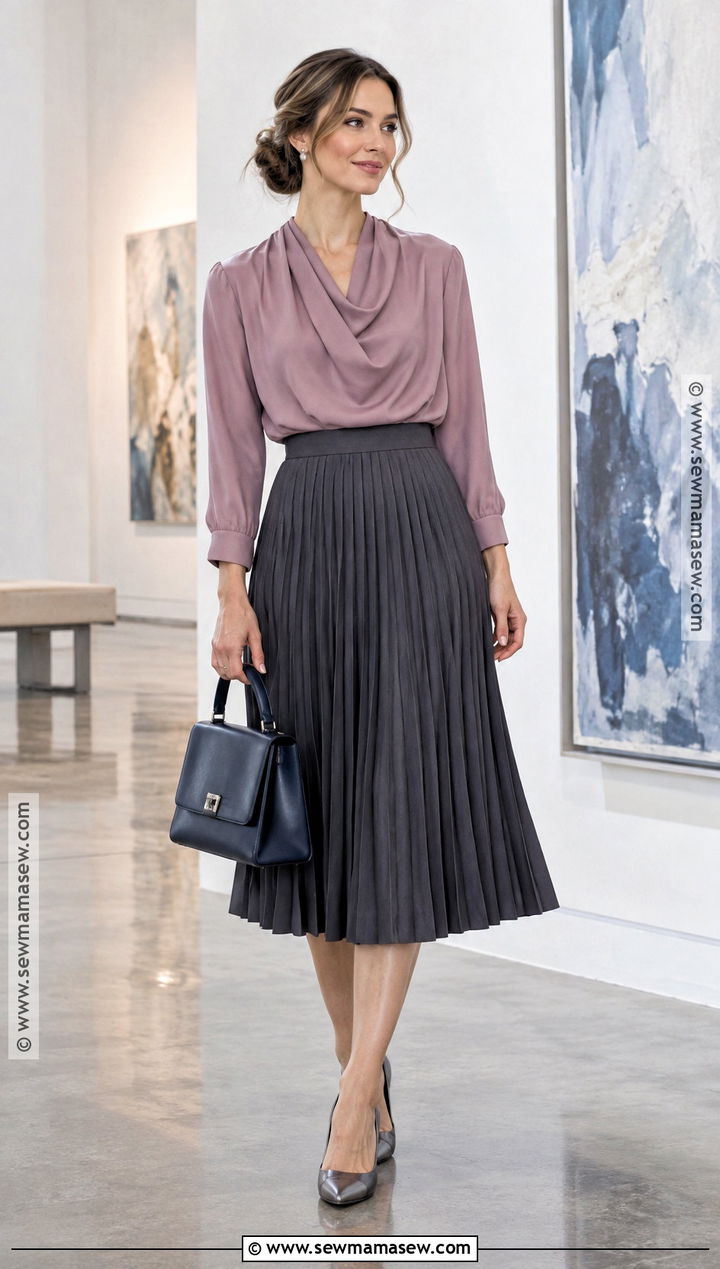 Soft Summer Mauve Blouse And Charcoal Midi Skirt Outfit - 25 soft summer fall outfits