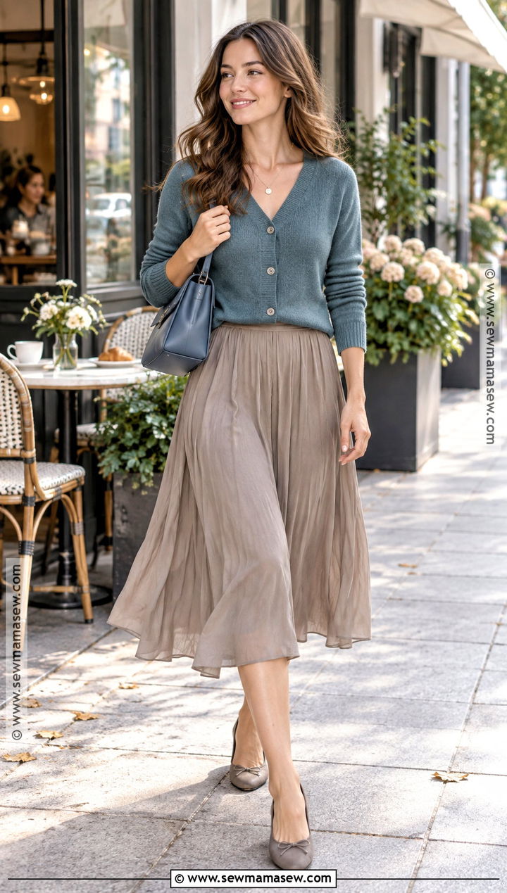 Soft Summer Muted Teal Cardigan And Mushroom Skirt Outfit - 25 soft summer fall outfits