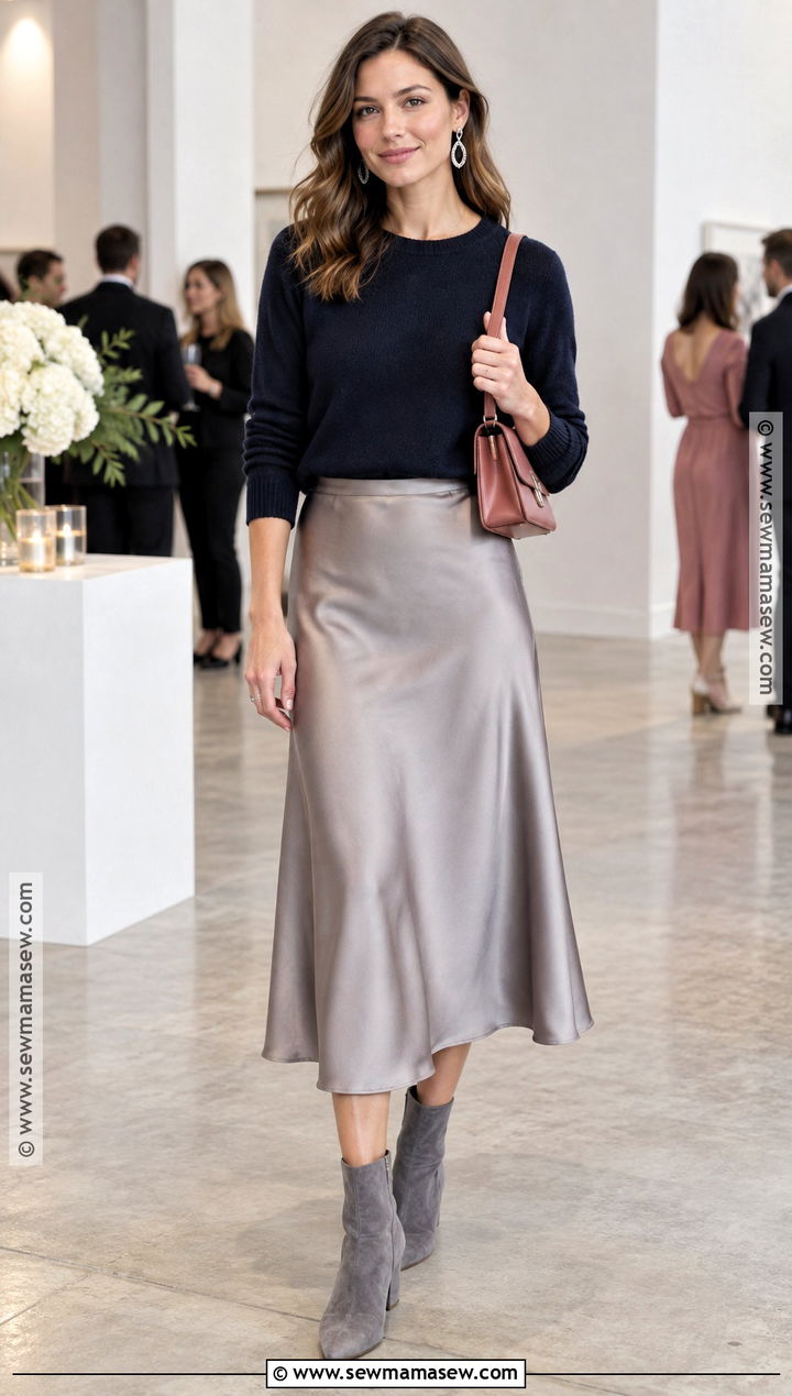 Soft Summer Navy Sweater And Gray Satin Skirt Outfit - 25 soft summer fall outfits
