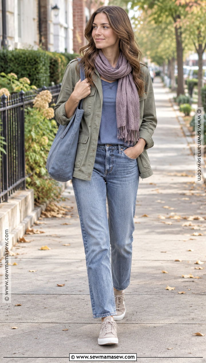Soft Summer Sage Utility Jacket And Faded Jeans Outfit - 25 soft summer fall outfits
