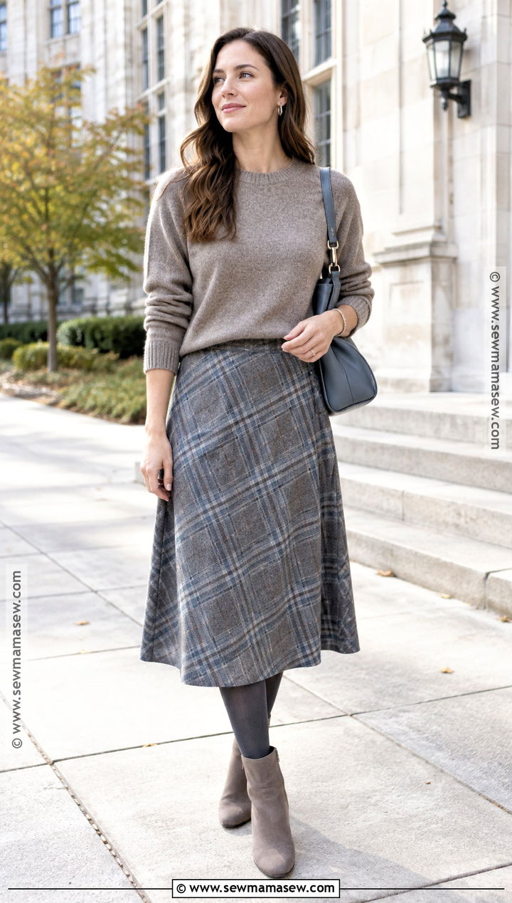 Soft Summer Taupe Sweater And Gray Plaid Skirt Outfit - 25 soft summer fall outfits