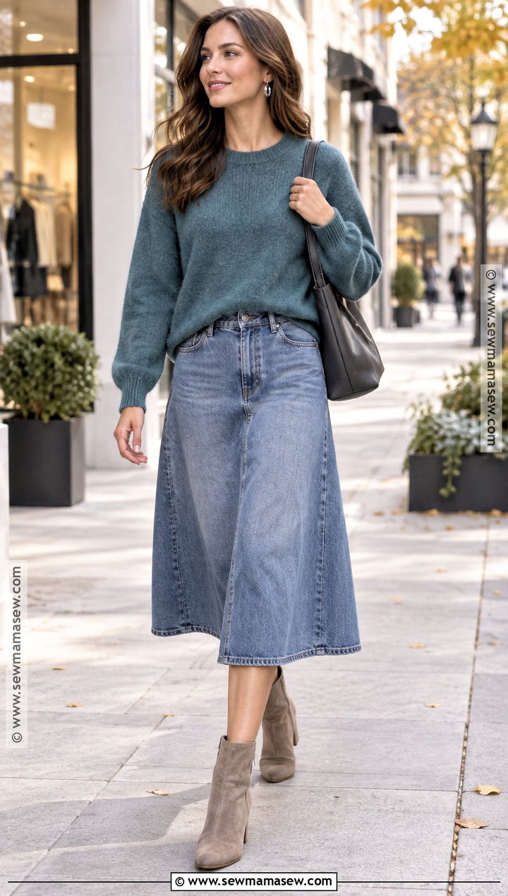 Soft Summer Teal Sweater And Denim Midi Skirt Outfit - 25 soft summer fall outfits