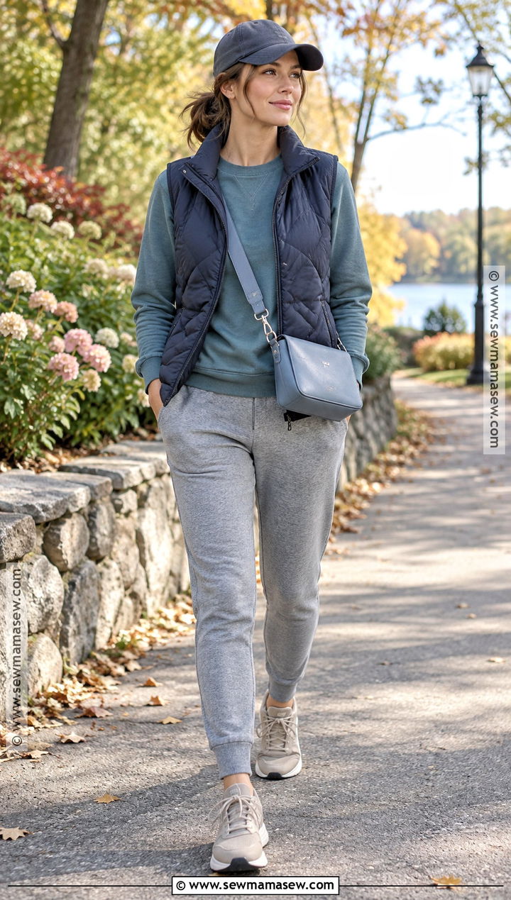 Soft Summer Teal Sweatshirt And Gray Joggers Outfit - 25 soft summer fall outfits
