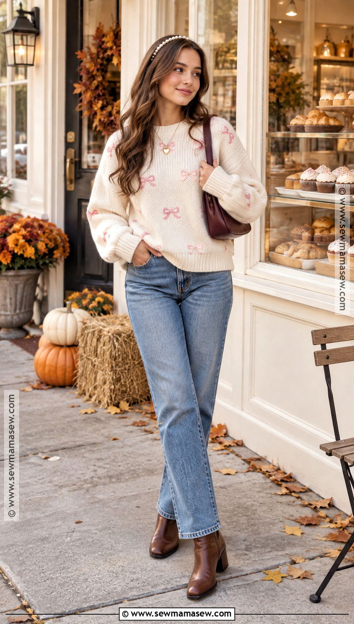 Softgirl Bow Sweater And Straight Leg Jeans Outfit - 15 Softgirl Outfits Fall