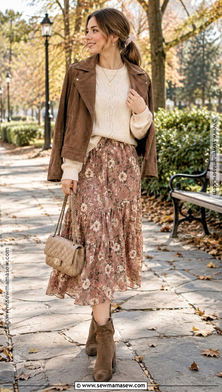 Softgirl Cream Sweater And Floral Midi Skirt Outfit - 15 Softgirl Outfits Fall
