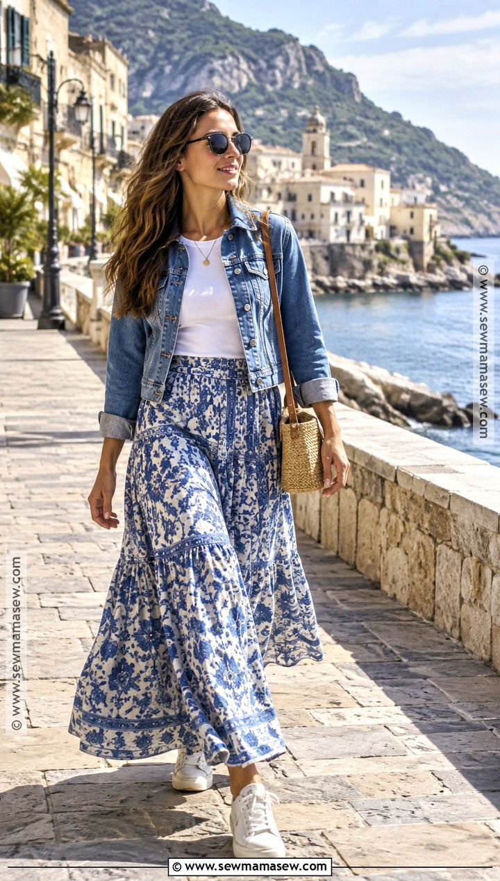 Southern Italy Fall Maxi Skirt And Denim Jacket Outfit - 15 Southern Italy Fall Outfits