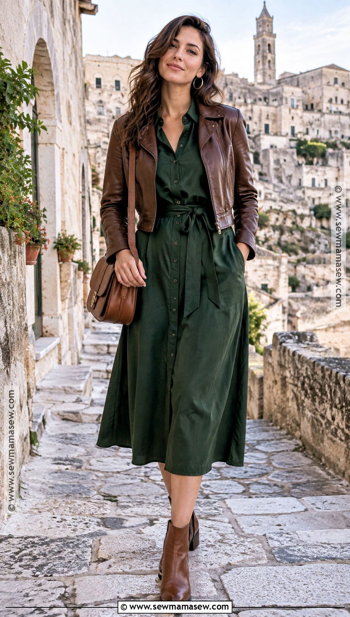 Southern Italy Fall Shirt Dress And Leather Jacket Outfit - 15 Southern Italy Fall Outfits