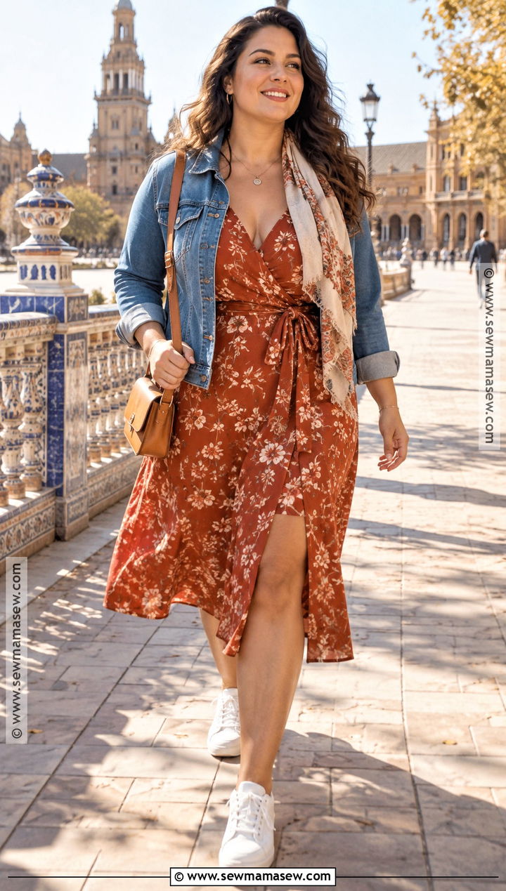 Spain Fall Midi Dress and Denim Jacket Outfit - 15 Spain Vacation Outfits Fall