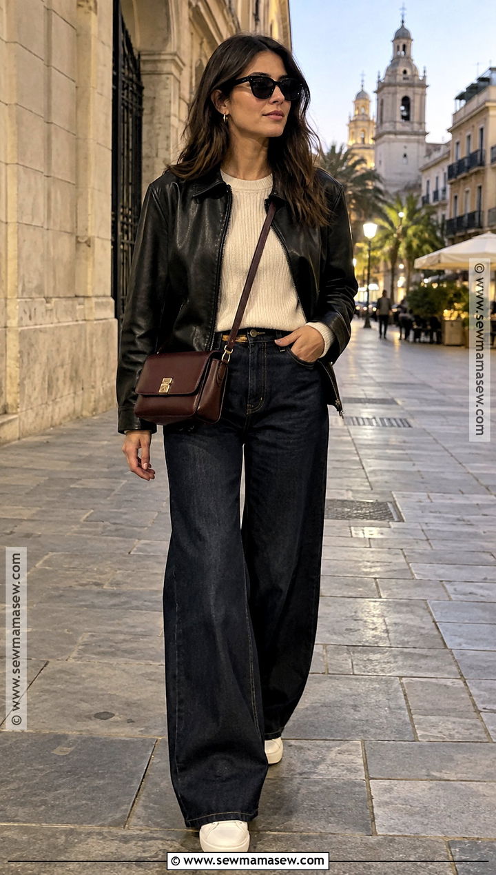Spain Fall Outfit With A Leather Jacket - 15 Travel Capsule Wardrobe Spain Fall Ideas
