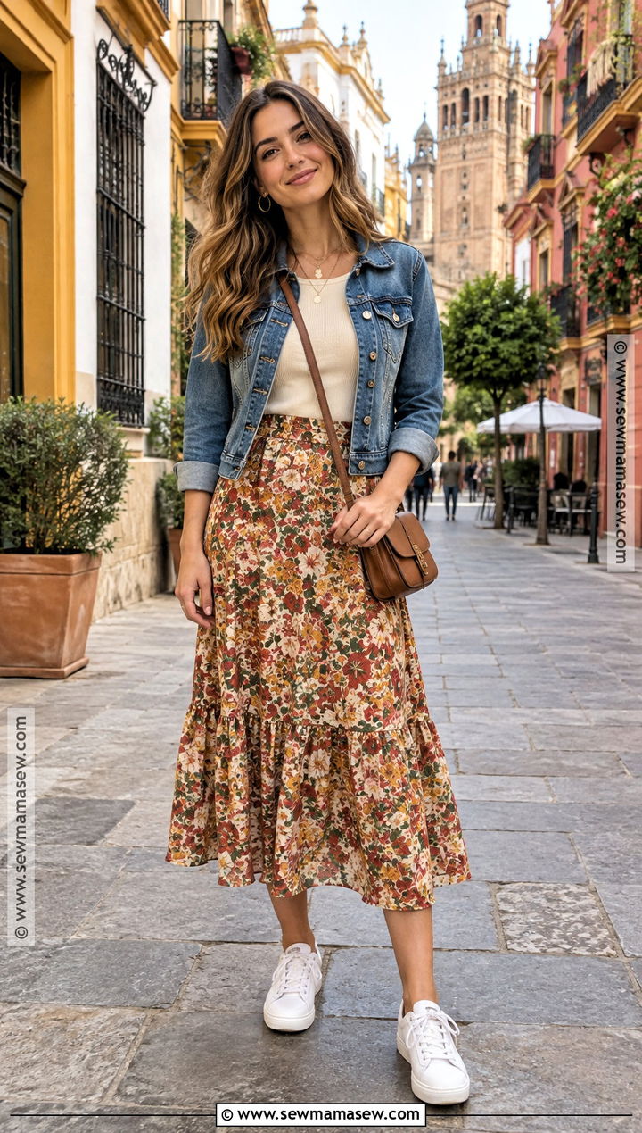 Spain Fall Outfit With Denim Jacket And Midi Skirt - 25 spain fall outfits