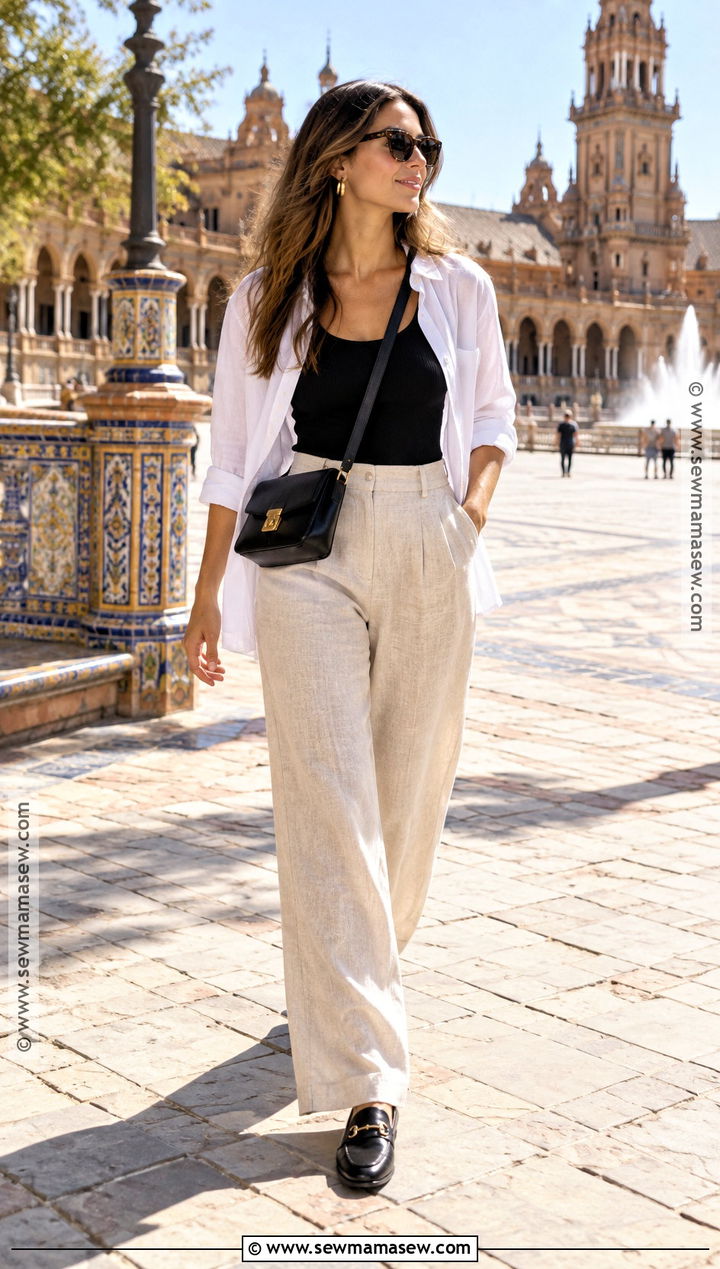 Spain Fall Outfit With Linen Trousers - 15 Travel Capsule Wardrobe Spain Fall Ideas