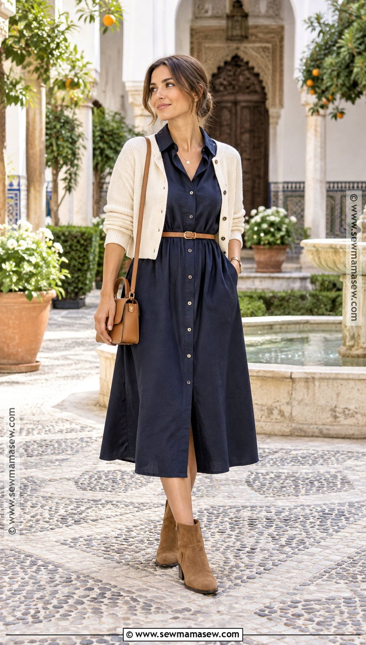 Spain Fall Shirt Dress and Ankle Boots Outfit - 15 Spain Vacation Outfits Fall