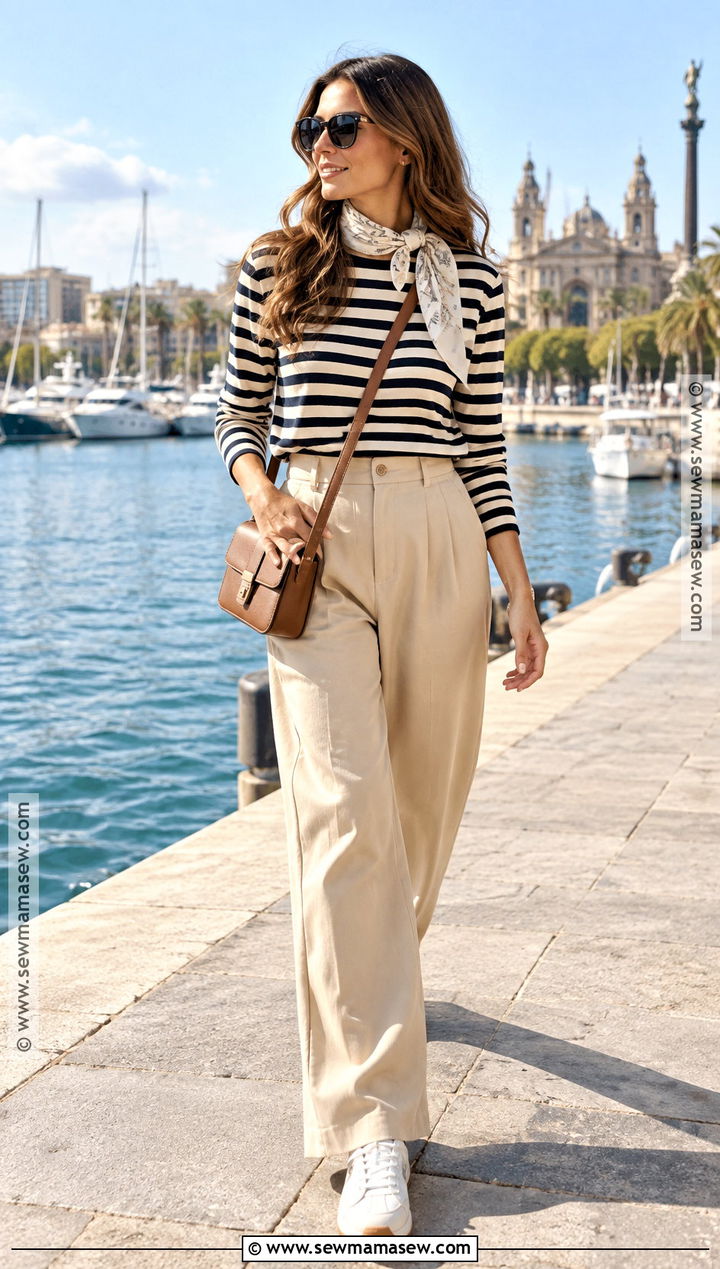 Spain Fall Striped Top and Wide Leg Pants Outfit - 15 Spain Vacation Outfits Fall