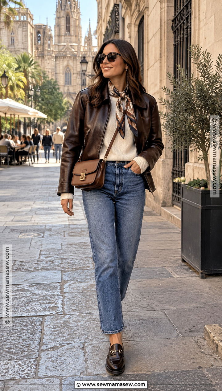 Spain October Leather Jacket And Blue Jeans Outfit - 15 spain outfit ideas october