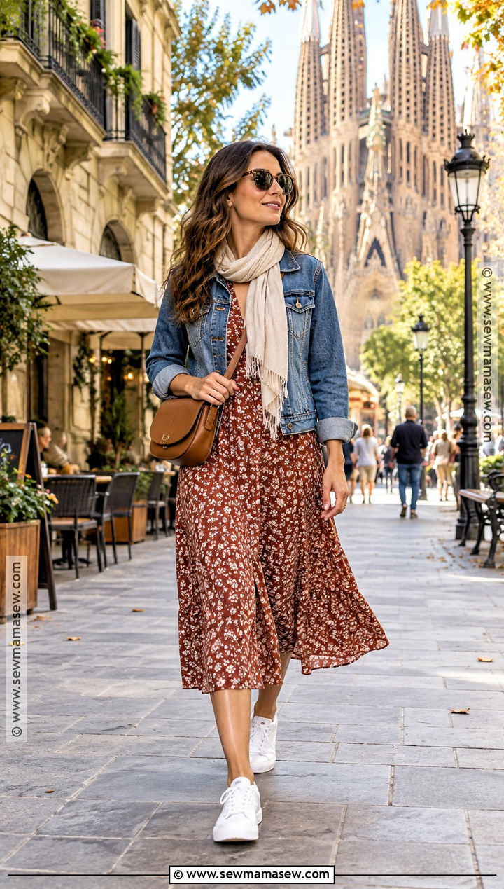 Spain October Midi Dress And Denim Jacket Outfit - 15 spain outfit ideas october