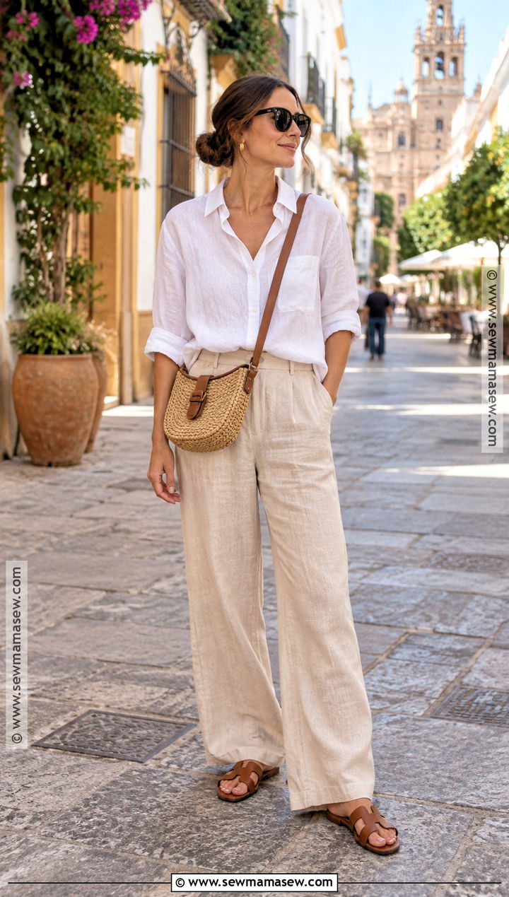 Spain September Linen Shirt And Wide Leg Pants Outfit - 20 outfits for spain in september