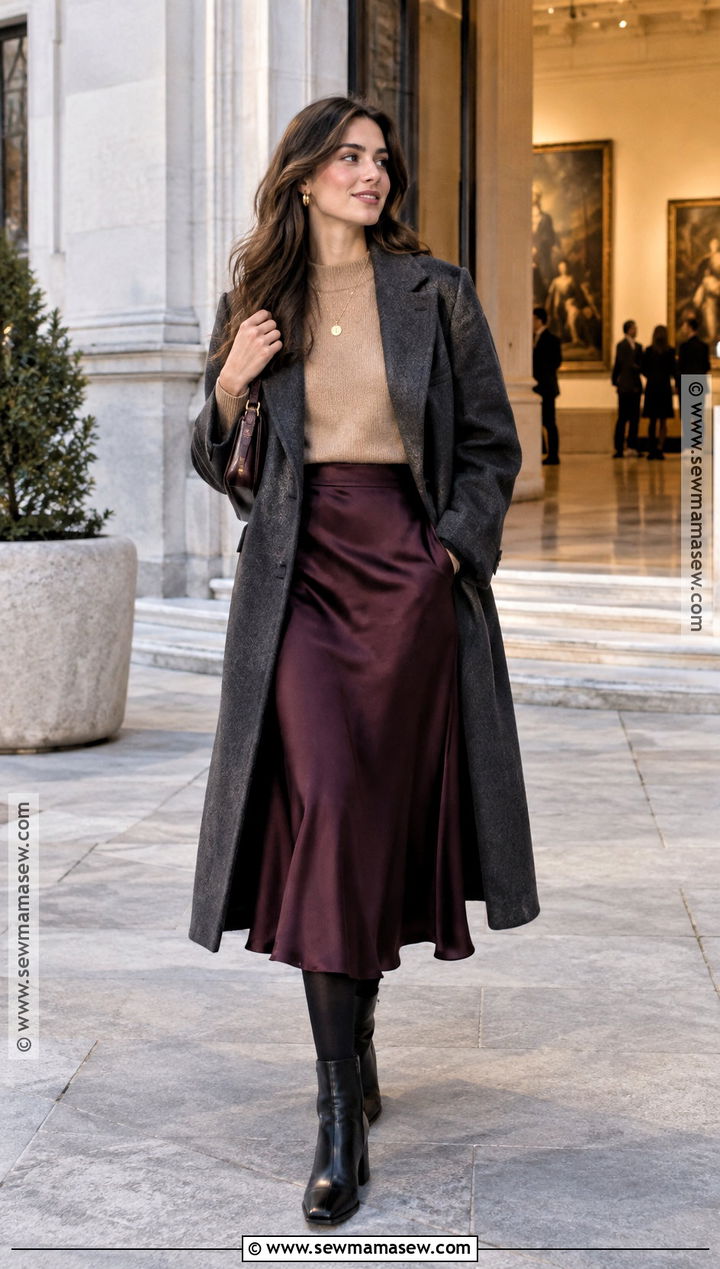 Spain Sweater And Satin Midi Skirt Outfit - 15 Spain Outfit Ideas November