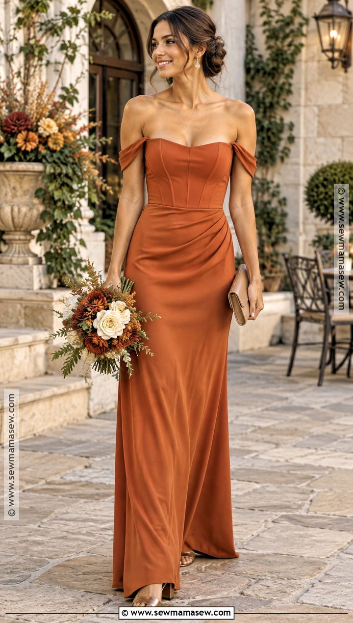 Spice Orange Off Shoulder Bridesmaid Dress - 15 orange fall bridesmaid dresses