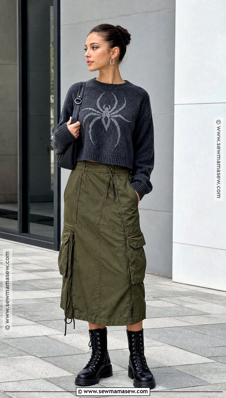 Spider Halloween Sweater With Green Cargo Skirt - 35 halloween sweater ideas
