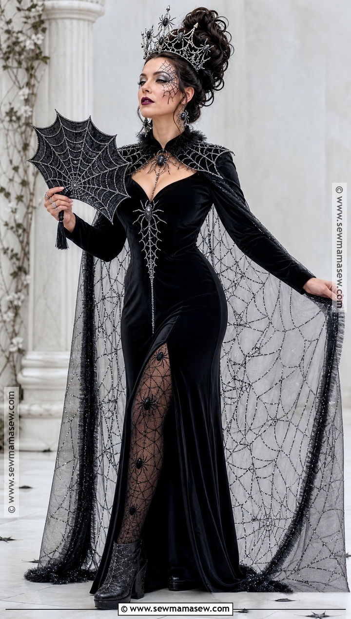 Spider Queen Costume With Web Cape - 30 black dress halloween costume ideas
