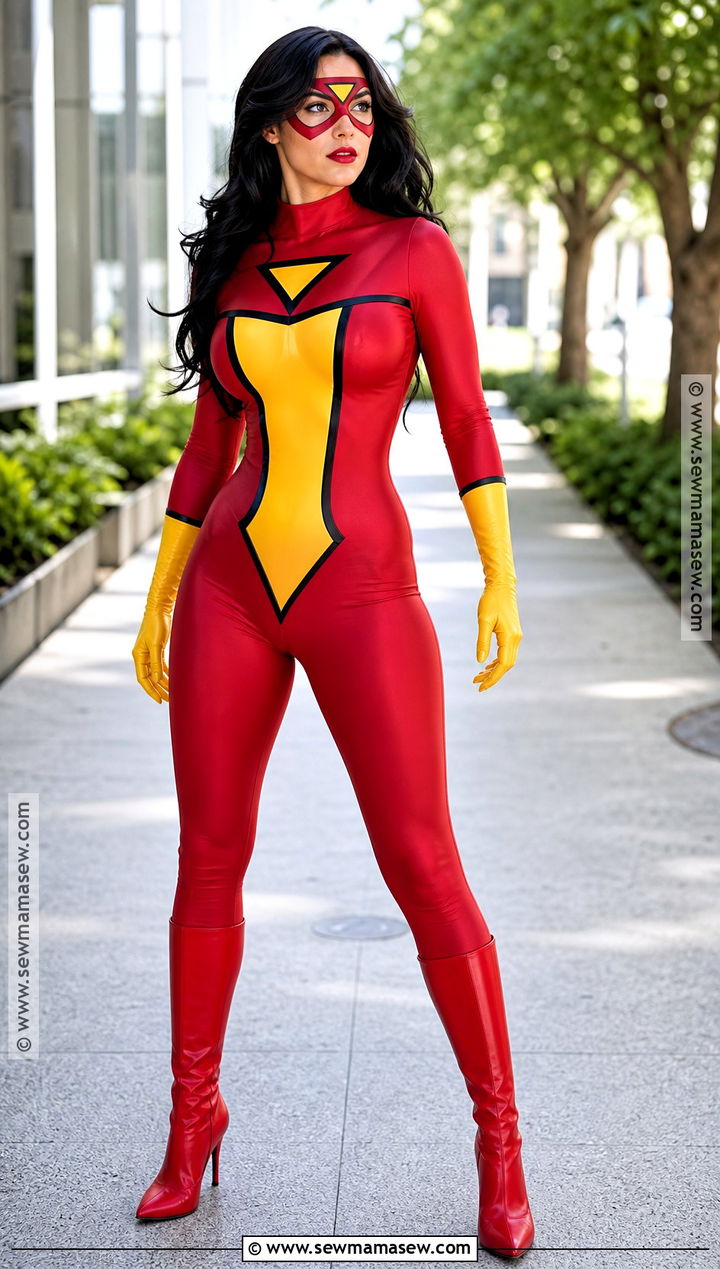 Spider Woman Costume With Red And Yellow Suit - 30 Superwomen Costume Ideas