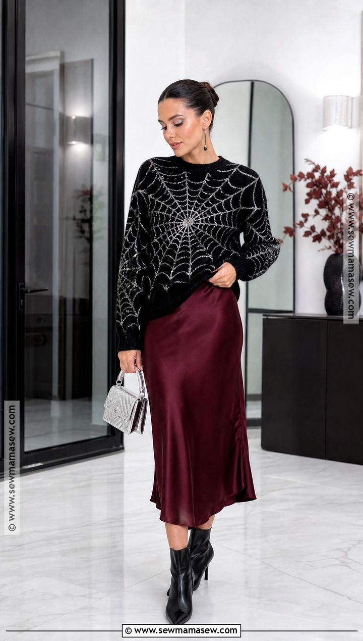Spiderweb Halloween Sweater With Satin Skirt - 35 halloween sweater ideas
