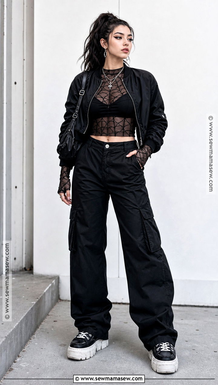 Spiderweb Mesh Halloween Outfit With Cargo Pants - 30 Halloween Fashion Ideas