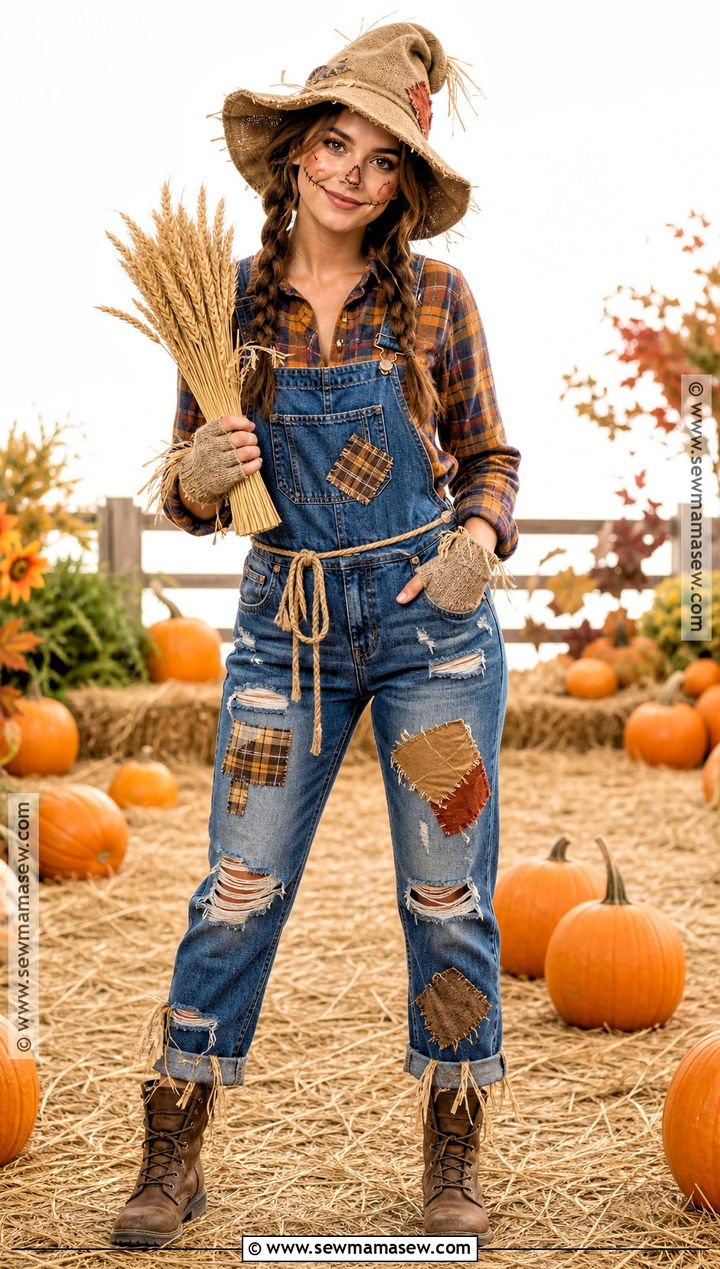 Spooky Scarecrow Costume With Patchwork Overalls - 35 spooky halloween costumes