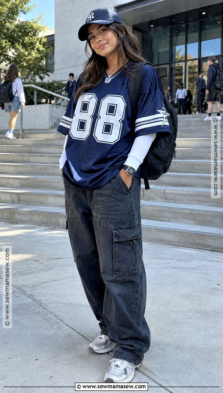 Sports Jersey And Cargo Jeans Y2K Back To School Outfit - 20 y2k back to school outfits