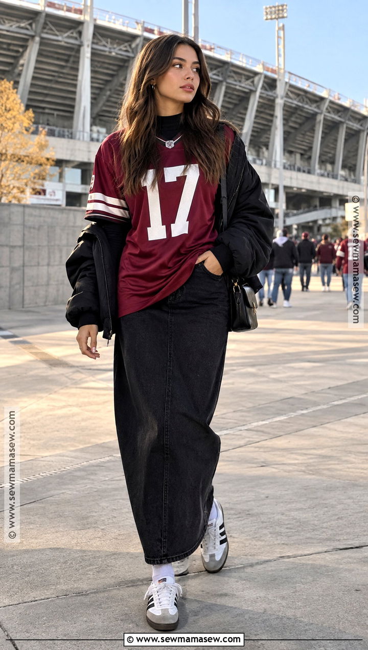 Sports Jersey And Maxi Skirt Streetwear Outfit - 20 Streetwear Fashion Autumn Ideas