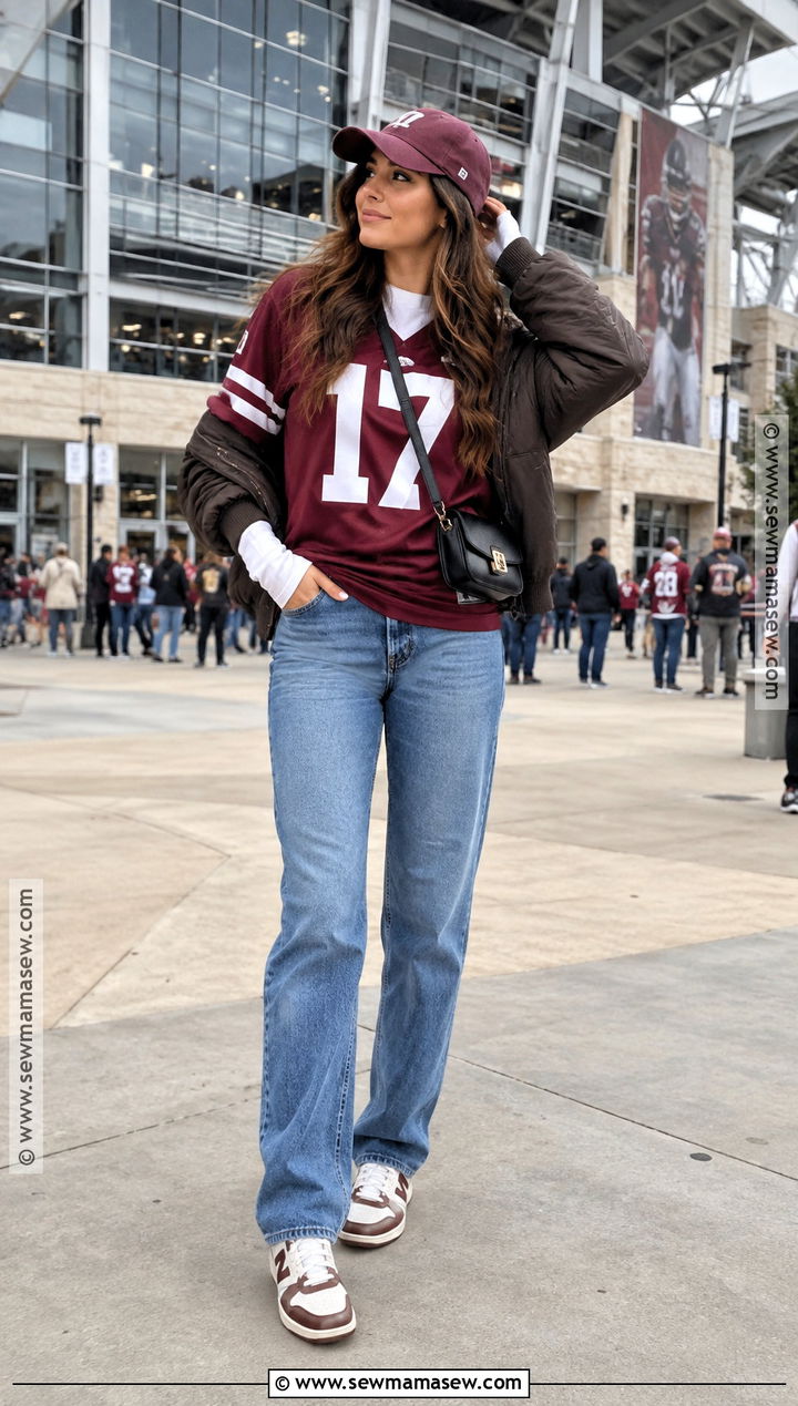 Sports Jersey And Straight Leg Jeans Sporty Fall Outfit - 20 fall outfits sporty