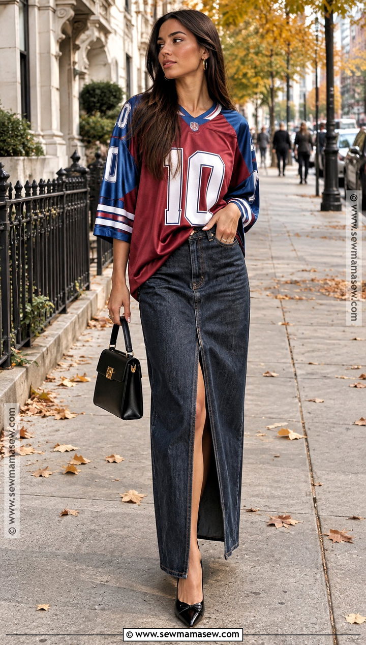 Sports Jersey With Denim Maxi Skirt - 15 Fashion Week Fall 2026 Street Style Ideas
