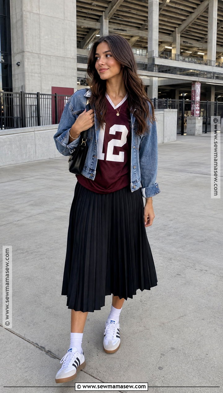Sports Jersey With Midi Skirt And Retro Sneakers - 15 cute sporty outfits fall