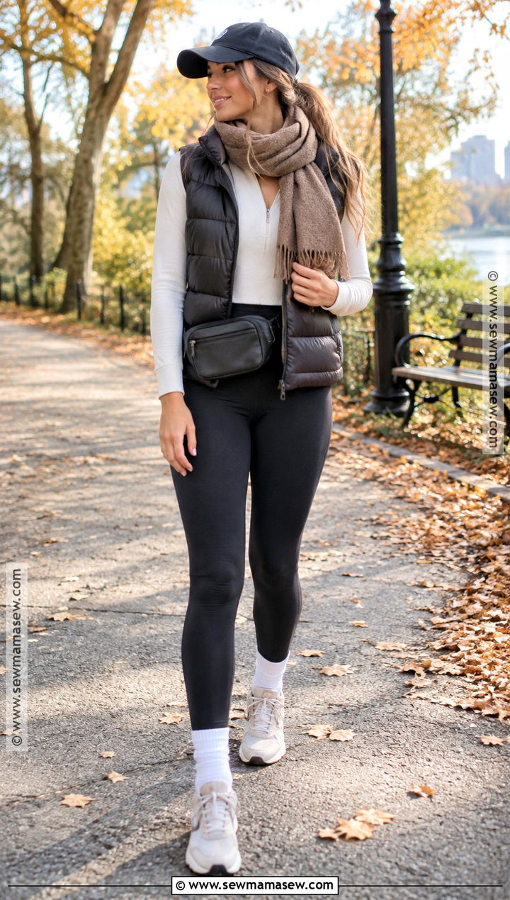 Sporty Autumn Puffer Vest And Leggings Outfit - 20 autumn clothing aesthetic ideas