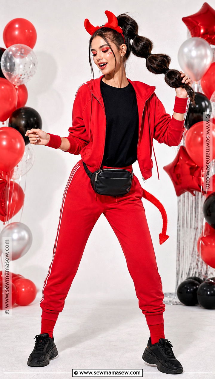 Sporty Devil Costume With Red Tracksuit - 30 Devil Halloween Costume Ideas for Women