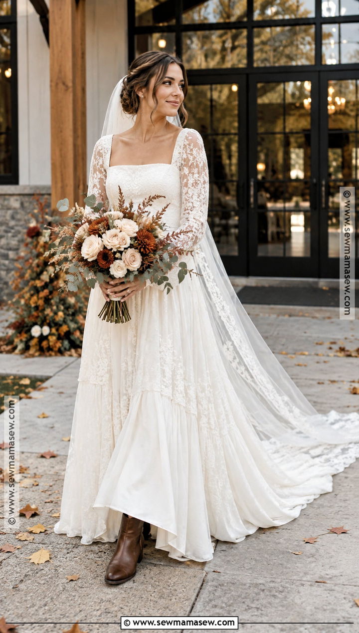 Square Neck Boho Long Sleeve Wedding Dress - 15 boho fall wedding dress long sleeve ideas
