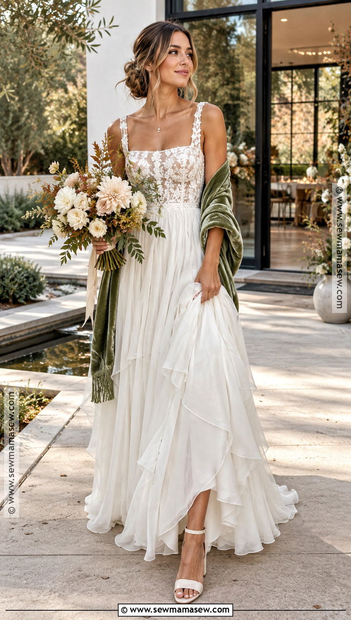 Square Neck Boho Wedding Dress With A Velvet Shawl - 15 boho wedding dress fall ideas