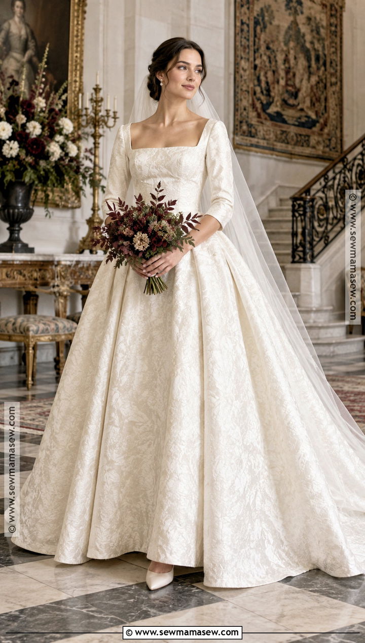 Square Neck Brocade Fall Princess Wedding Dress - 15 fall princess wedding dress ideas