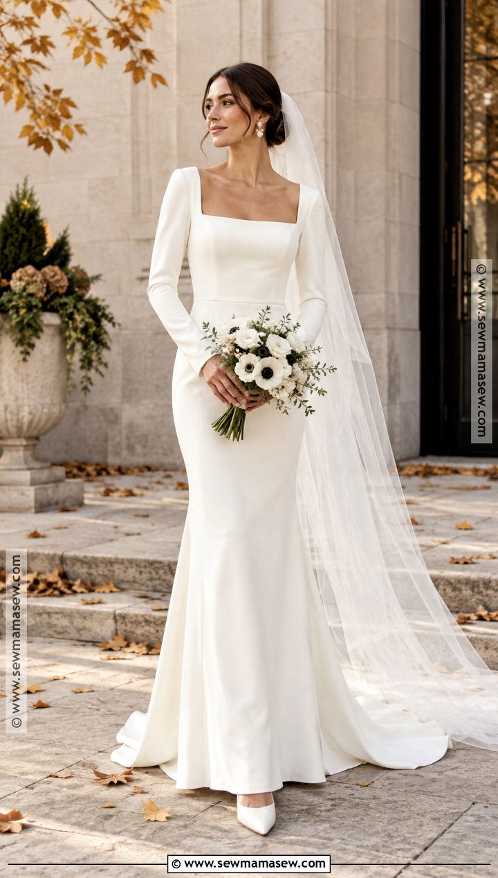 Square Neck Crepe Fall Wedding Dress - 15 Fall Wedding Dress Bride Ideas