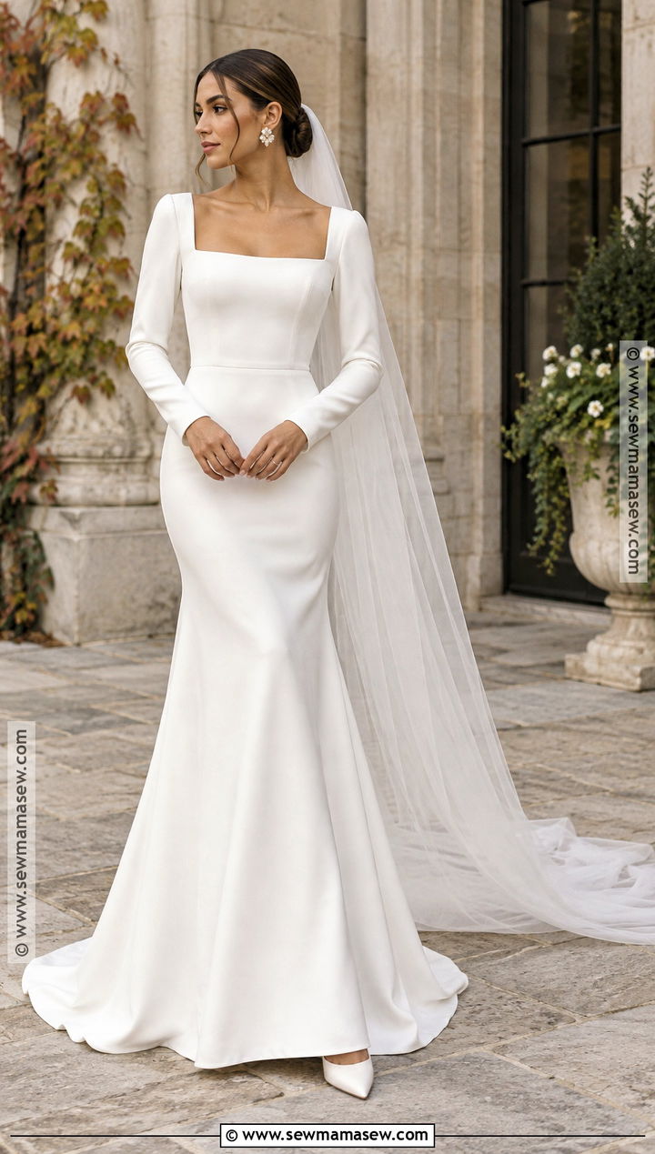 Square Neck Crepe Fall Wedding Dress - 25 fall wedding dresses bride