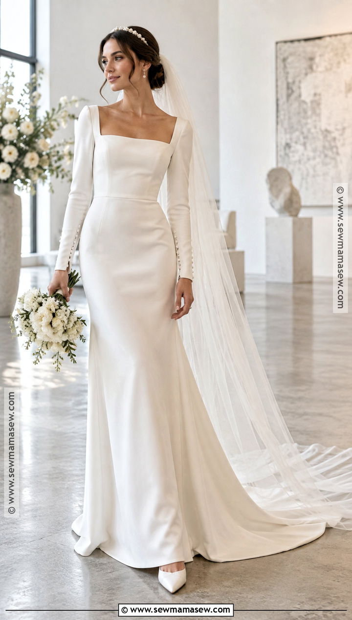 Square Neck Crepe Fall Wedding Dress - 15 Classic Fall Wedding Dress Ideas