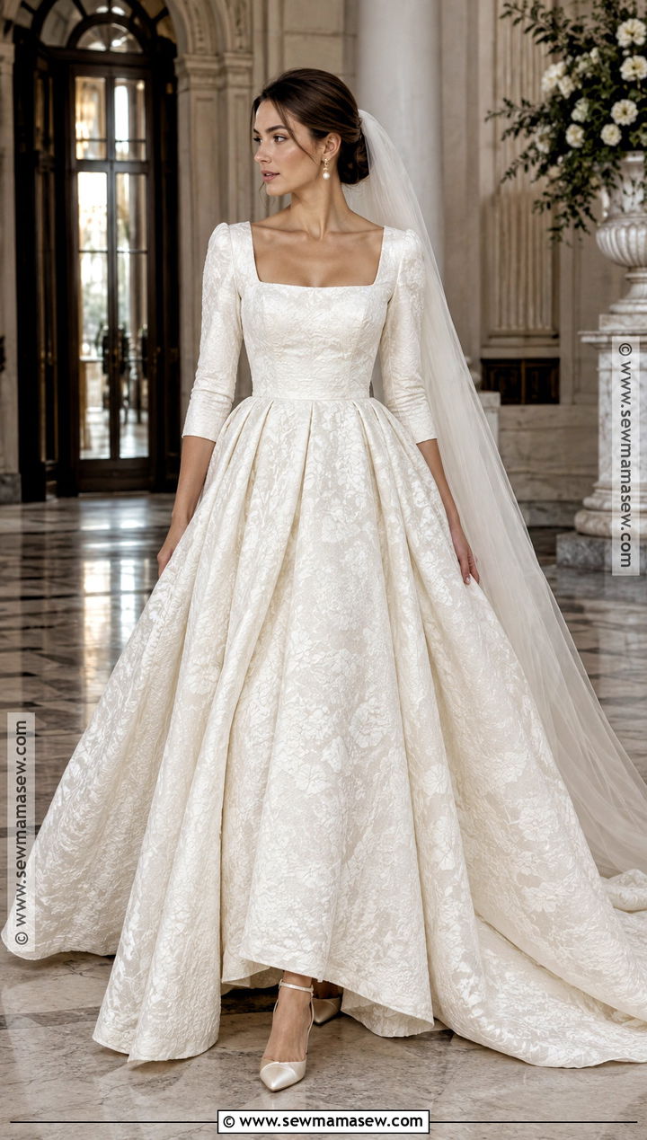 Square Neck Jacquard Bridal Dress - 15 autumn bridal dress ideas