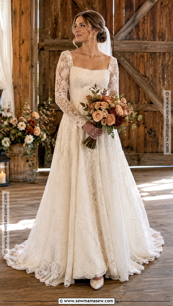 Square Neck Lace Long Sleeve Wedding Dress - 15 rustic fall wedding dress lace long sleeve ideas
