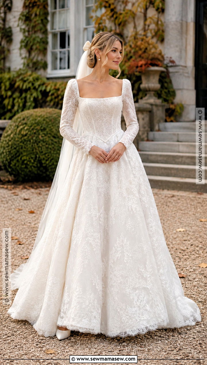 Square Neck Lace Wedding Dress With Basque Waist - 15 fall lace wedding dress ideas