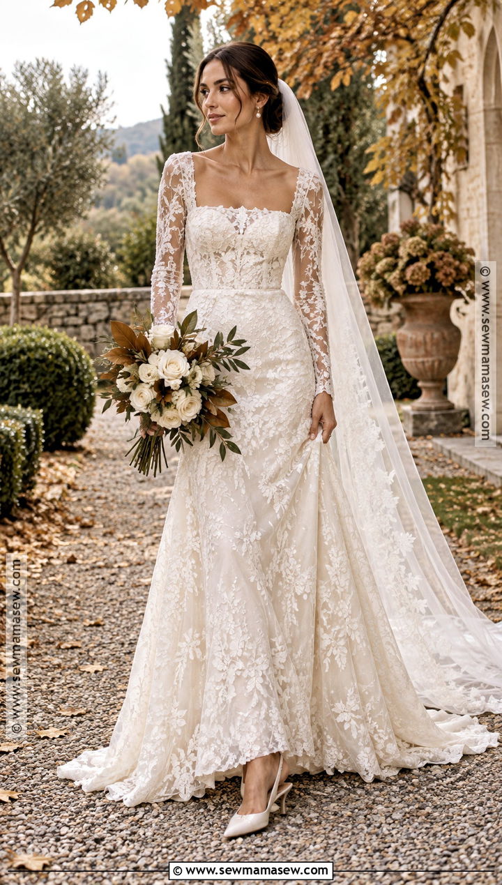 Square Neck Leaf Lace Wedding Dress - 15 Autumn Leaf Wedding Dress Ideas
