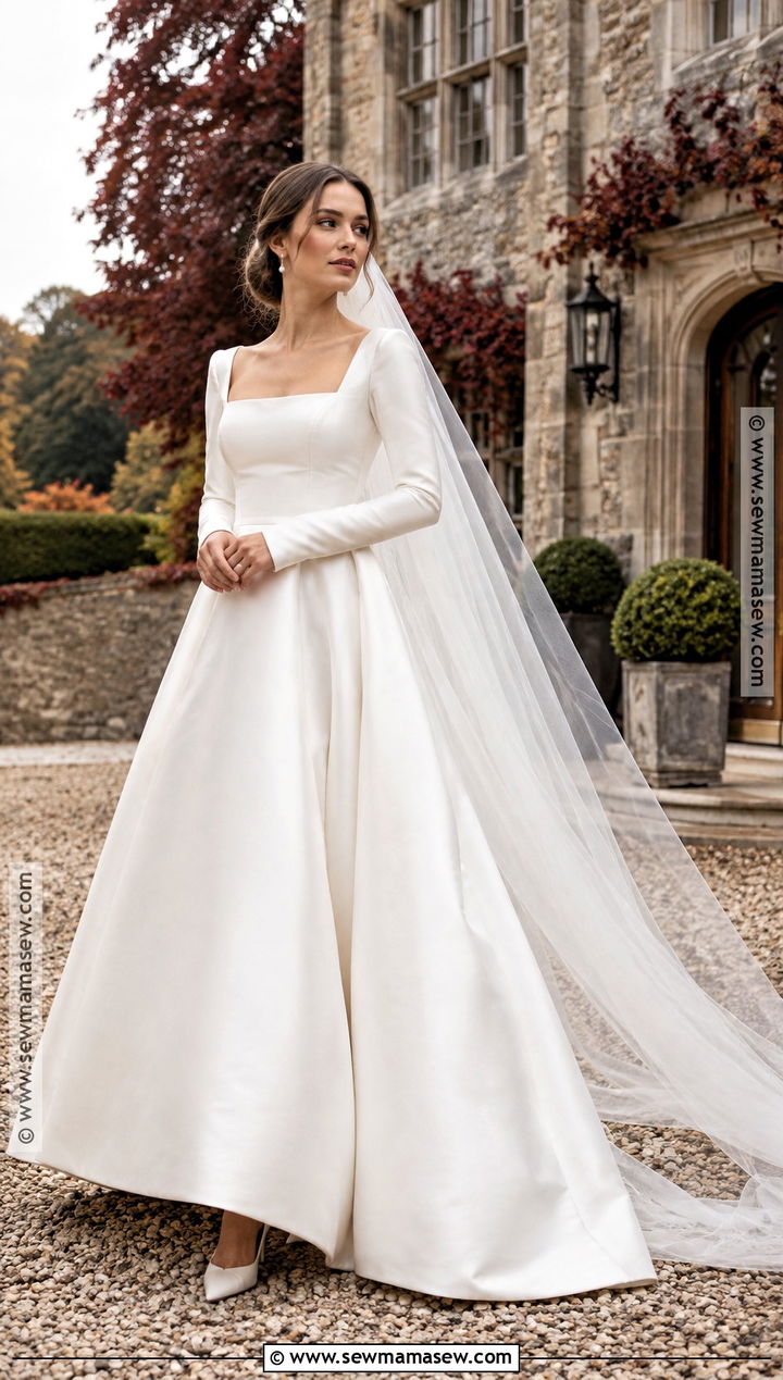 Square Neck Long Sleeve Fall Wedding Dress - 20 long sleeve fall wedding dress ideas