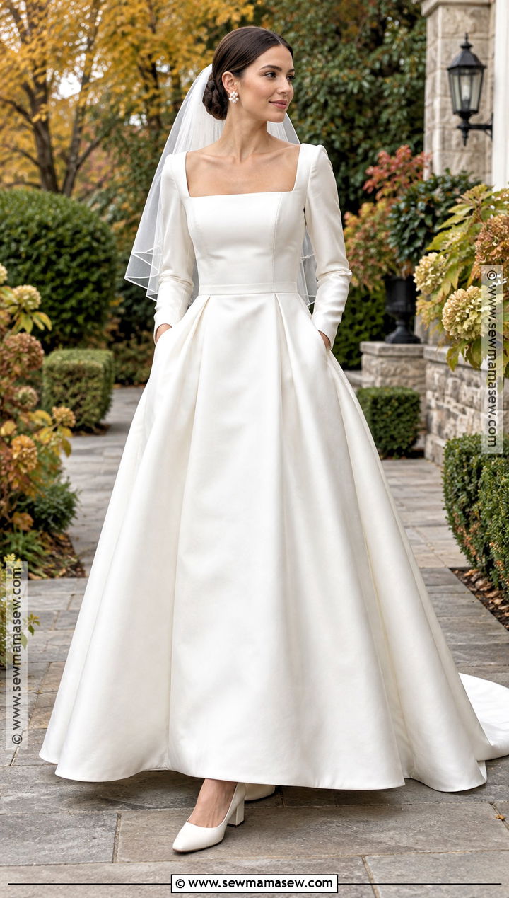 Square Neck Long Sleeve Wedding Dress - 15 Modest Fall Wedding Dresses