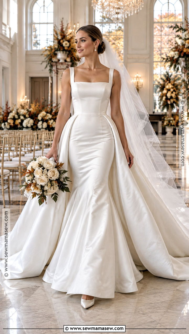 Square Neck Mermaid Wedding Dress With Overskirt - 15 Fall Mermaid Wedding Dress Ideas