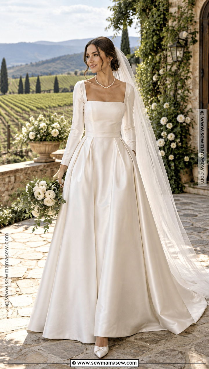 Square Neck Satin Fall Wedding Dress - 15 fall wedding dress ideas brides