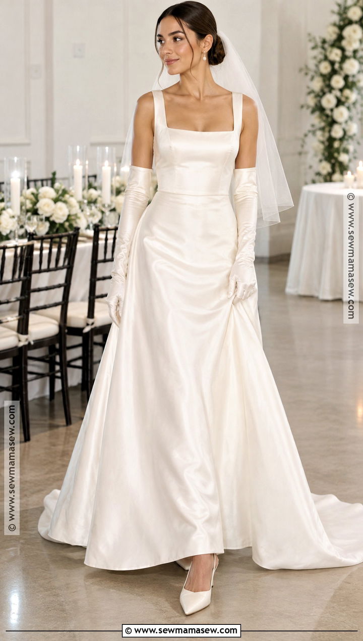 Square Neck Satin Wedding Dress With Gloves - 15 Late Fall Wedding Dress Ideas
